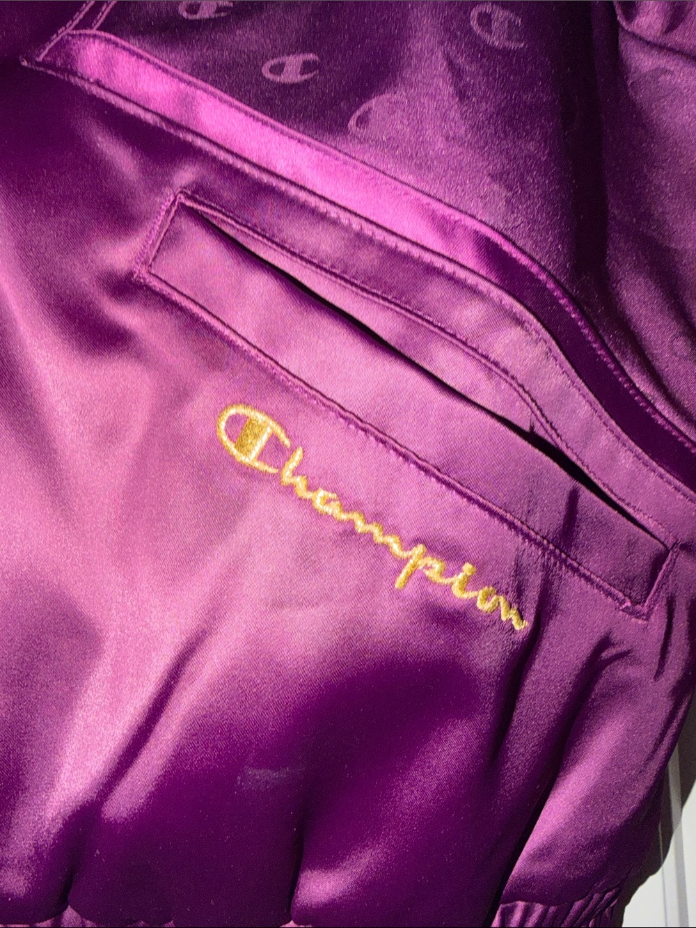 Champion Women's Satin Bomber Jacket in Plum Purple with Gold Zipper - Picture 2 of 9
